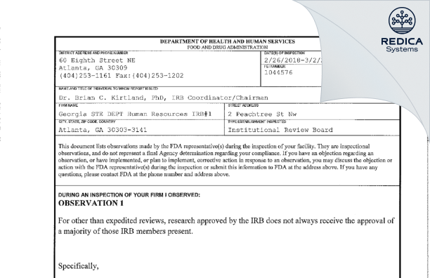 FDA 483 - Georgia STE DEPT Human Resources IRB#1 [Atlanta / United States of America] - Download PDF - Redica Systems