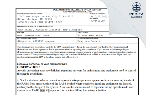 FDA 483 - MSD International GmbH (Singapore Branch) [Singapore / Singapore] - Download PDF - Redica Systems