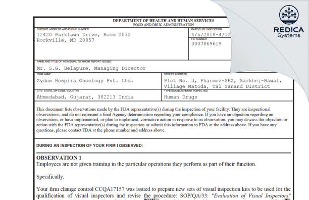 FDA 483 - Zydus Hospira Oncology Private Limited [India / India] - Download PDF - Redica Systems