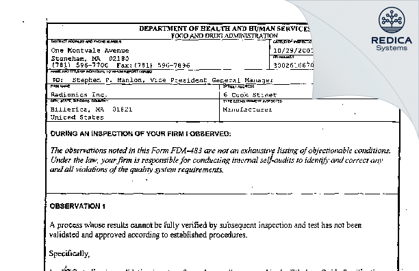 FDA 483 - Integra Burlington MA, Inc. [Burlington / United States of America] - Download PDF - Redica Systems