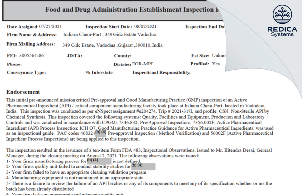EIR - Indiana Chem-Port [Vadodara / India] - Download PDF - Redica Systems