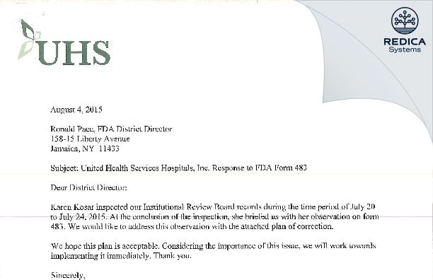 FDA 483 Response - United Health Services Hospitals, Inc. [Johnson City / United States of America] - Download PDF - Redica Systems