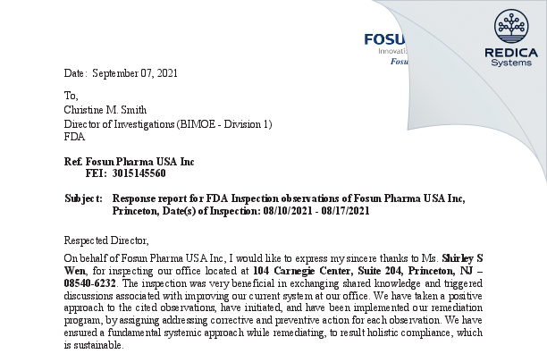 FDA 483 Response - Fosun Pharma USA Inc. [Princeton / United States of America] - Download PDF - Redica Systems