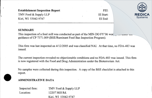 EIR - TMV Feed & Supply LLP [Kiel / United States of America] - Download PDF - Redica Systems