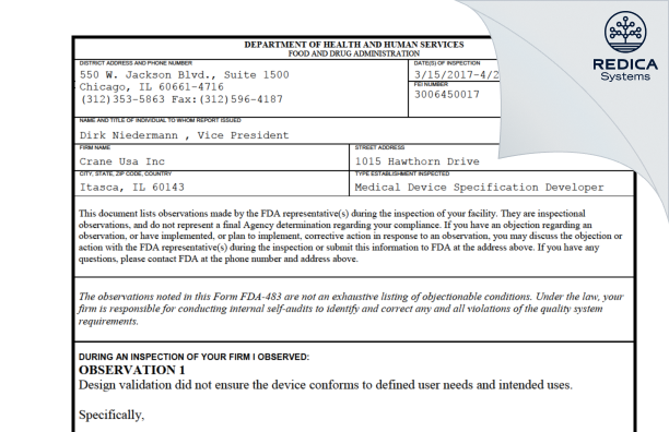 FDA 483 - Crane Usa Inc [Itasca / United States of America] - Download PDF - Redica Systems