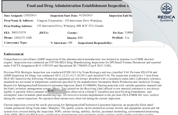 EIR - Emergent BioSolutions Canada Inc [Canada / Canada] - Download PDF - Redica Systems