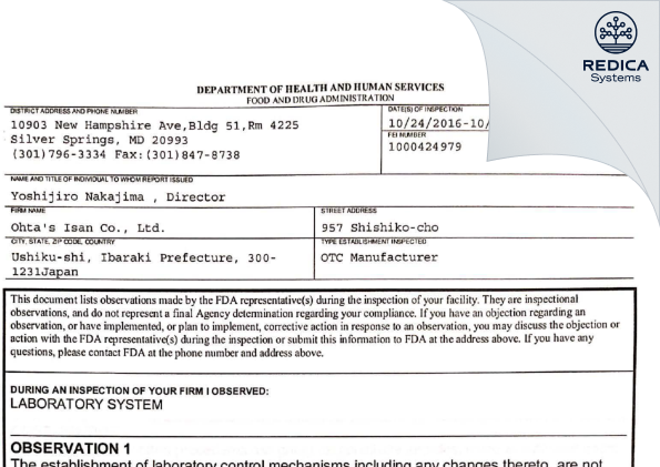 FDA 483 - OHTA'S ISAN CO.,LTD. [Ushiku / Japan] - Download PDF - Redica Systems