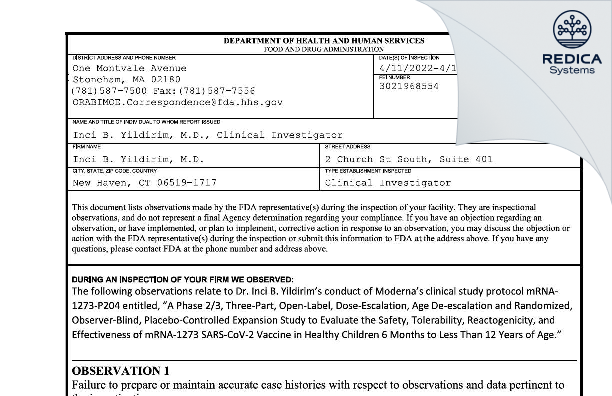 FDA 483 - Inci B. Yildirim, M.D. [New Haven / United States of America] - Download PDF - Redica Systems