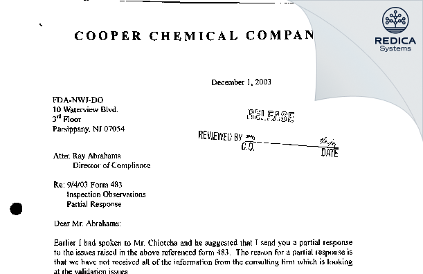 FDA 483 Response - Cooper Chemical Co [Long Valley / United States of America] - Download PDF - Redica Systems