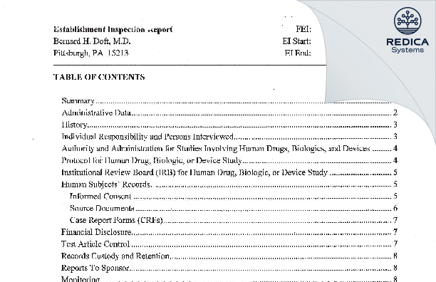 EIR - Bernard H. Doft, M.D. [Monroeville / United States of America] - Download PDF - Redica Systems