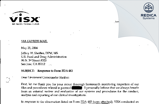 FDA 483 Response - VISX INCORPORATED, A SUBSIDIARY OF AMO INC [Santa Clara / United States of America] - Download PDF - Redica Systems