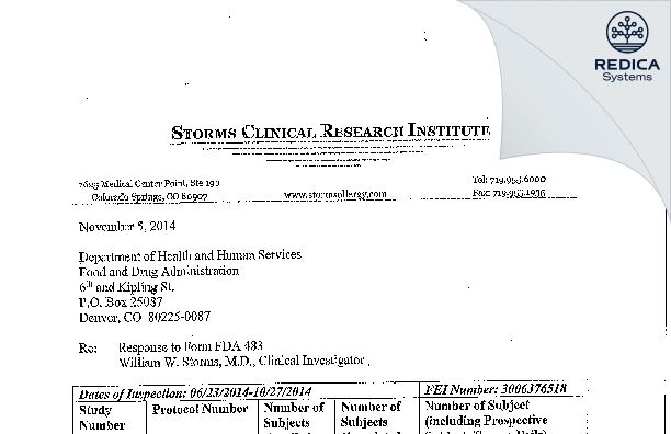 FDA 483 Response - Storms Clinical Research Institute, PLLC [Colorado Springs / United States of America] - Download PDF - Redica Systems