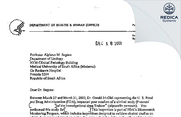 FDA 483 Response - Professor Alpheus M. Segone [Pretoria / South Africa] - Download PDF - Redica Systems