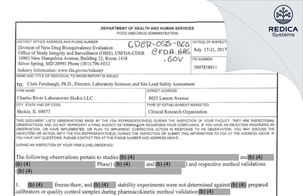FDA 483 - Charles River Laboratories Ashland, LLC [Skokie / United States of America] - Download PDF - Redica Systems