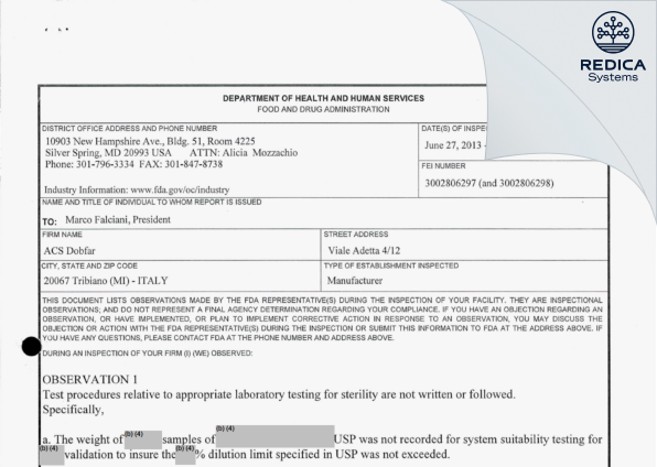 FDA 483 - ACS Dobfar SPA [Italy / Italy] - Download PDF - Redica Systems