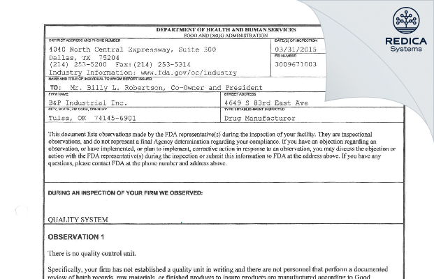 FDA 483 - B & P Industrial Inc. [Tulsa / United States of America] - Download PDF - Redica Systems