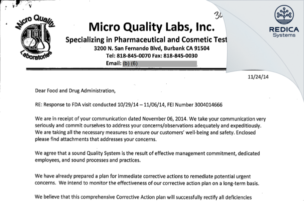 FDA 483 Response - Micro Quality Laboratories, Inc. [Burbank / United States of America] - Download PDF - Redica Systems