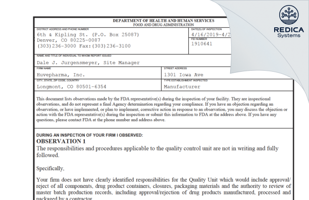 FDA 483 - Huvepharma, Inc [Longmont / United States of America] - Download PDF - Redica Systems