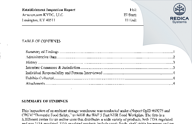 EIR - Amazon.com KYDC, LLC [Lexington / United States of America] - Download PDF - Redica Systems