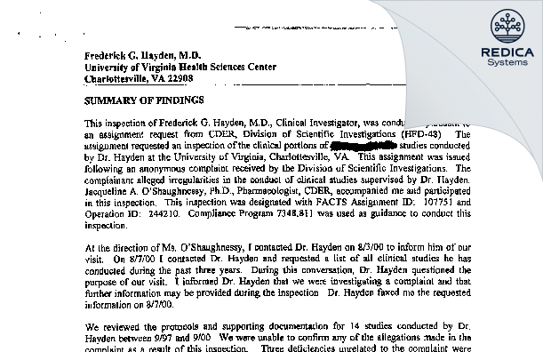 EIR - Frederick G. Hayden, M.D. [Charlottesville / United States of America] - Download PDF - Redica Systems