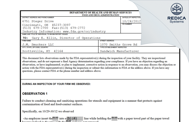 FDA 483 - JM Smuckers LLC [Scottsville / United States of America] - Download PDF - Redica Systems
