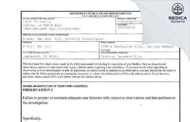FDA 483 - Olukemi Wallace [Inglewood / United States of America] - Download PDF - Redica Systems