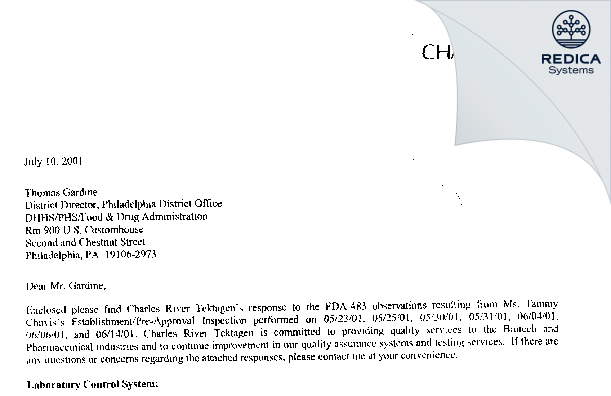 FDA 483 Response - Charles River Laboratories, Inc. [Malvern / United States of America] - Download PDF - Redica Systems