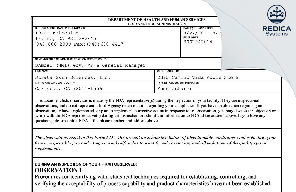 FDA 483 - Strata Skin Sciences, Inc. [Carlsbad / United States of America] - Download PDF - Redica Systems