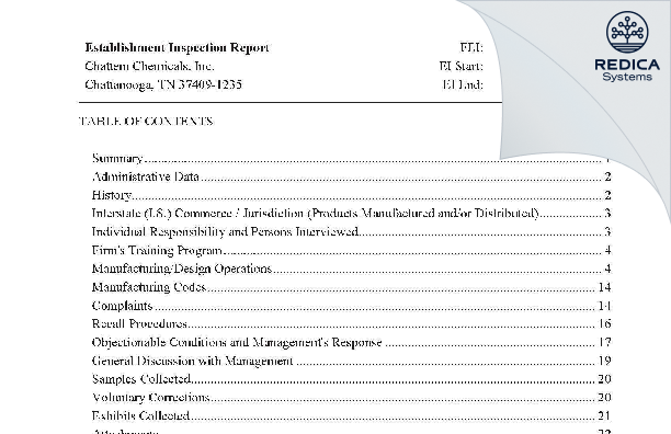 EIR - Chattem Chemicals, Inc. [Chattanooga / United States of America] - Download PDF - Redica Systems