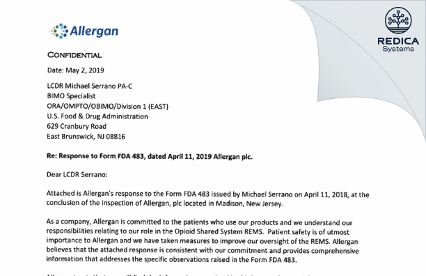 FDA 483 Response - Allergan, PLC. [Madison / United States of America] - Download PDF - Redica Systems