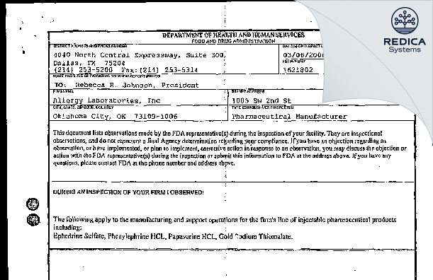 FDA 483 - OKC Allergy Supplies, Inc. [Oklahoma City / United States of America] - Download PDF - Redica Systems