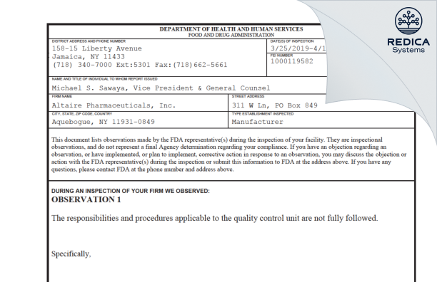 FDA 483 - Altaire Pharmaceuticals Inc. [Aquebogue New York / United States of America] - Download PDF - Redica Systems