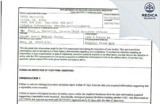FDA 483 - Banner Desert Medical Center [Mesa / United States of America] - Download PDF - Redica Systems