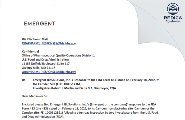FDA 483 Response - Cangene BioPharma, LLC [Baltimore / United States of America] - Download PDF - Redica Systems