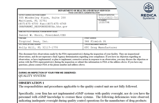 FDA 483 - Tropical Seas, Inc. [Holly Hill / United States of America] - Download PDF - Redica Systems
