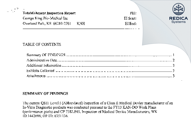 EIR - George King Bio-Medical, Inc. [Overland Park / United States of America] - Download PDF - Redica Systems