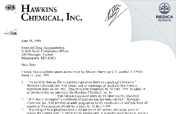 FDA 483 Response - Hawkins, Inc. [Minneapolis / United States of America] - Download PDF - Redica Systems