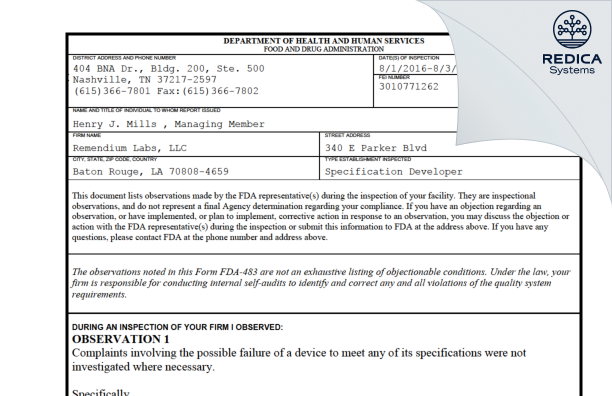 FDA 483 - Remendium Labs, LLC [Baton Rouge / United States of America] - Download PDF - Redica Systems