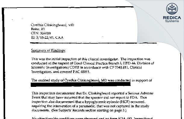 EIR - Cynthia Clinkingbeard, MD [Boise / United States of America] - Download PDF - Redica Systems