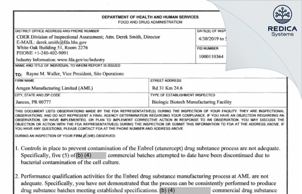 FDA 483 - Amgen Manufacturing Ltd [Rico / United States of America] - Download PDF - Redica Systems