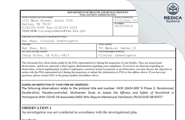 FDA 483 - Hai Shao, M.D. [Chula Vista / United States of America] - Download PDF - Redica Systems