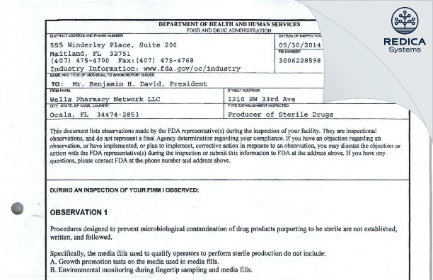 FDA 483 - Wells Pharmacy Network LLC [Ocala / United States of America] - Download PDF - Redica Systems