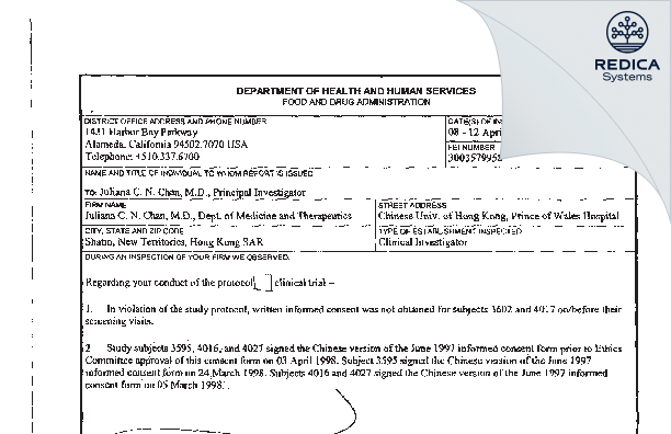 FDA 483 - Juliana C.N. Chan, M.D. [- / -] - Download PDF - Redica Systems