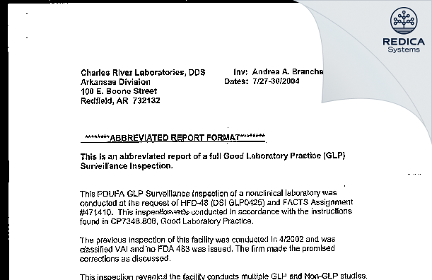 EIR - Charles River Laboratories [Redfield / United States of America] - Download PDF - Redica Systems