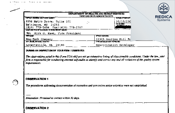 FDA 483 - Nae-Tech Company [Lovettsville / United States of America] - Download PDF - Redica Systems