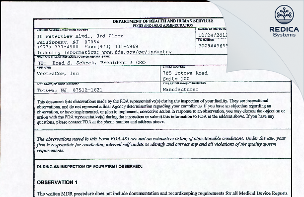 FDA 483 - VectraCor, Inc [Totowa / United States of America] - Download PDF - Redica Systems
