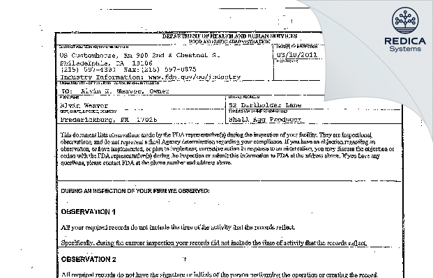 FDA 483 - Pondview Farm [Fredericksburg / United States of America] - Download PDF - Redica Systems