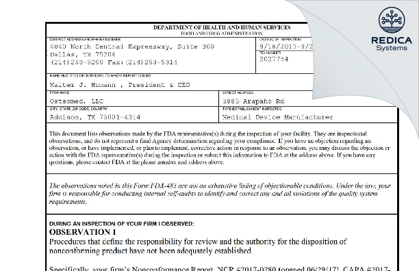 FDA 483 - Osteomed, LLC [Addison / United States of America] - Download PDF - Redica Systems