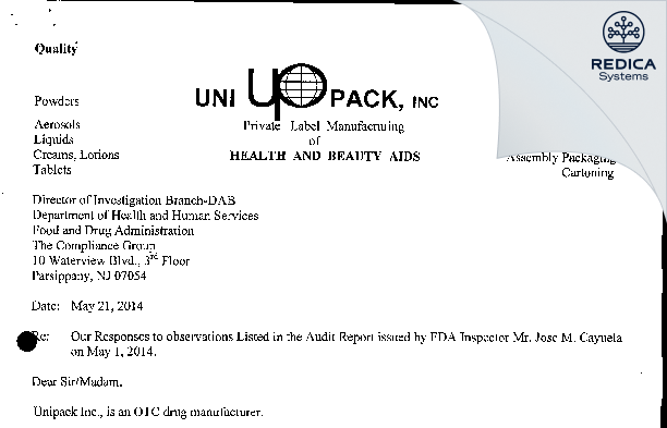 FDA 483 Response - Unipack LLC [Jersey / United States of America] - Download PDF - Redica Systems