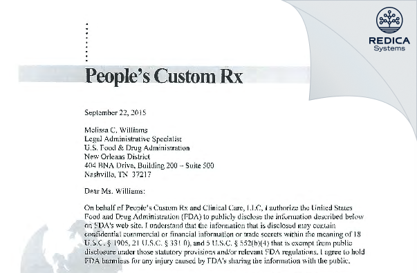 FDA 483 Response - People's Custom Rx and Clinical Care, LLC [Memphis / United States of America] - Download PDF - Redica Systems